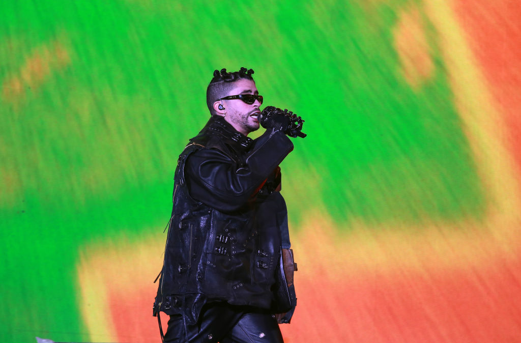 SAN JUAN, PUERTO RICO - DECEMBER 10: Bad Bunny performs during his "P FNK R" concert at Hiram Bithorn Stadium on December 10, 2021 in San Juan, Puerto Rico. (Photo by Gladys Vega/ Getty Images)