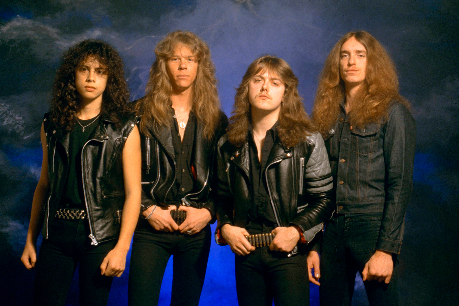 UNITED KINGDOM - JANUARY 01:  Photo of Cliff BURTON and METALLICA and Kirk HAMMETT and James HETFIELD and Lars ULRICH; L-R: Kirk Hammett, James Hetfield, Lars Ulrich, Cliff Burton - posed, studio, group shot  (Photo by Fin Costello/Redferns)
